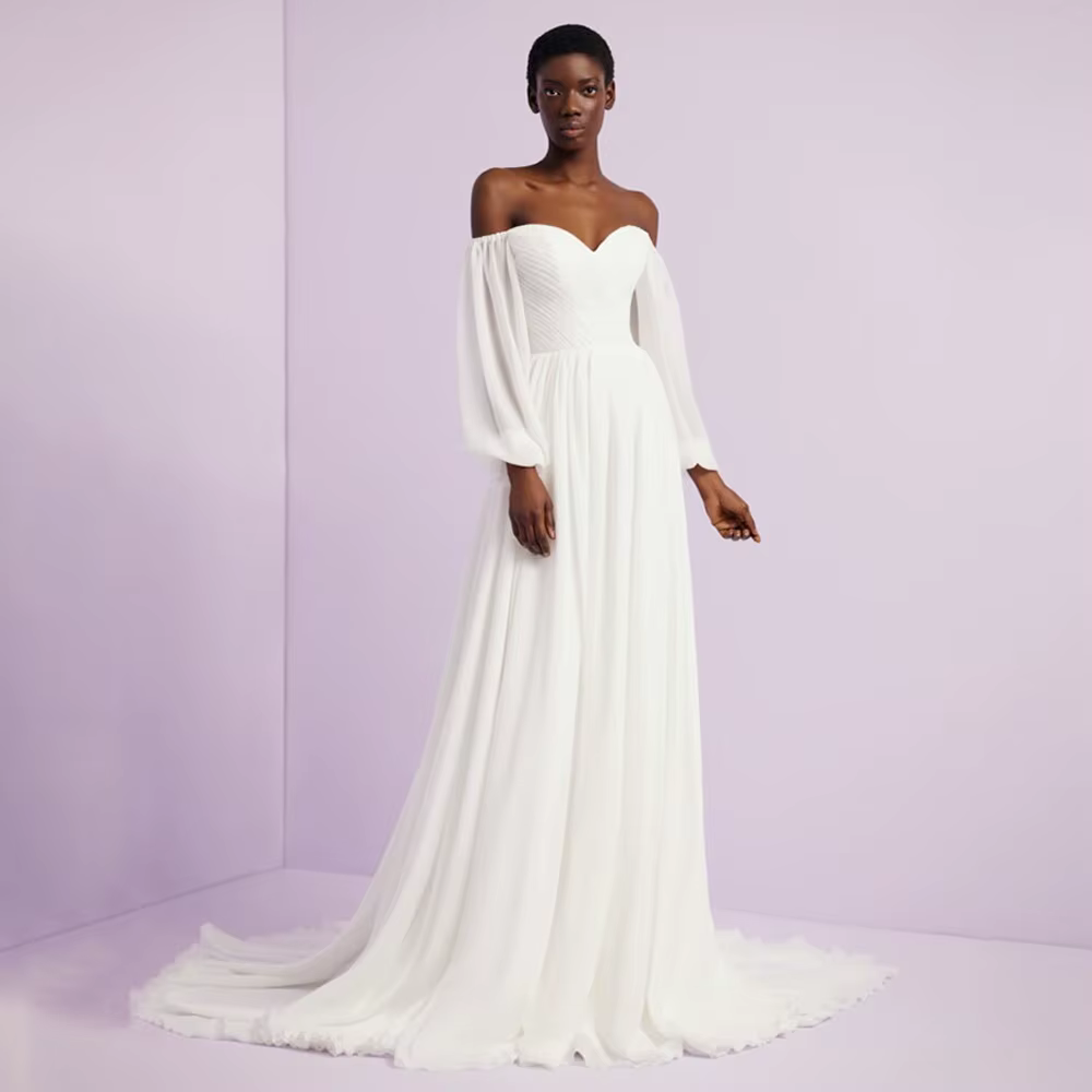 Robe de Mariée Élégante en Mousseline de Soie, Blanche, à Manches sulfBouffantes, Dos aux, pour Femm