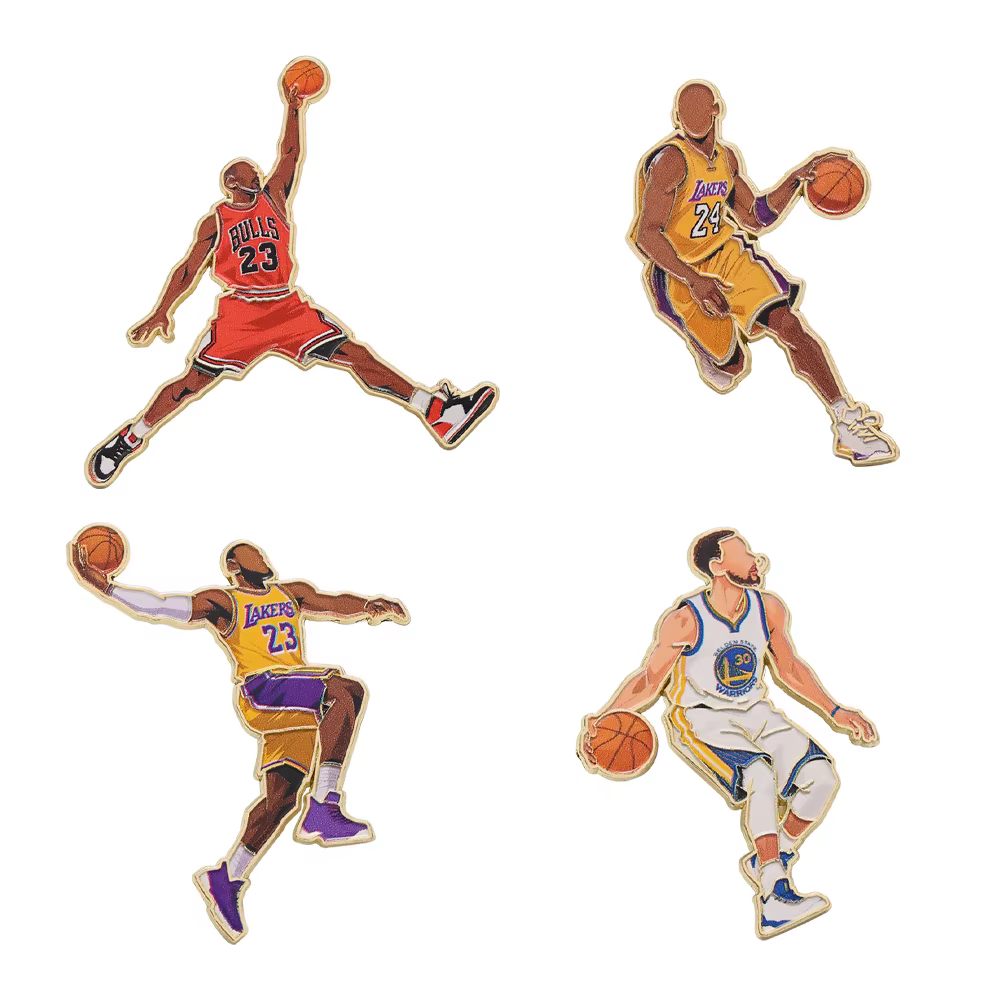Lot de 4 épingles en émail sur le thème du basketball, motifs étoiles cool et athlètes professionnel
