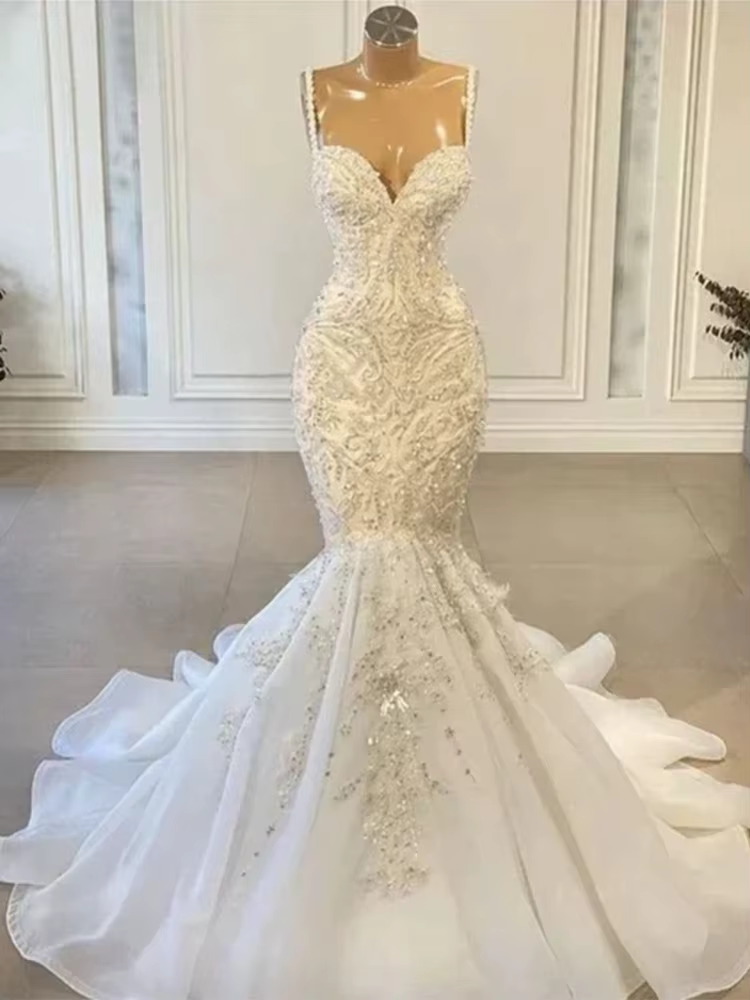Robes De mariée sirène De luxe, avec des Appliques De perles, Vintage, à lacets dans le dos, bretell
