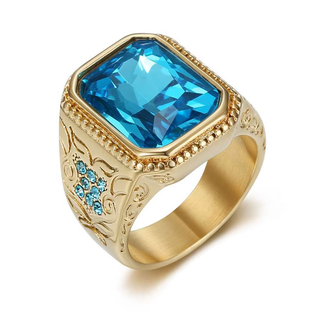 Hip Hop glacé Bling grand anneau carré mâle couleur or acier inoxydable bleu CZ rappeur anneaux pour