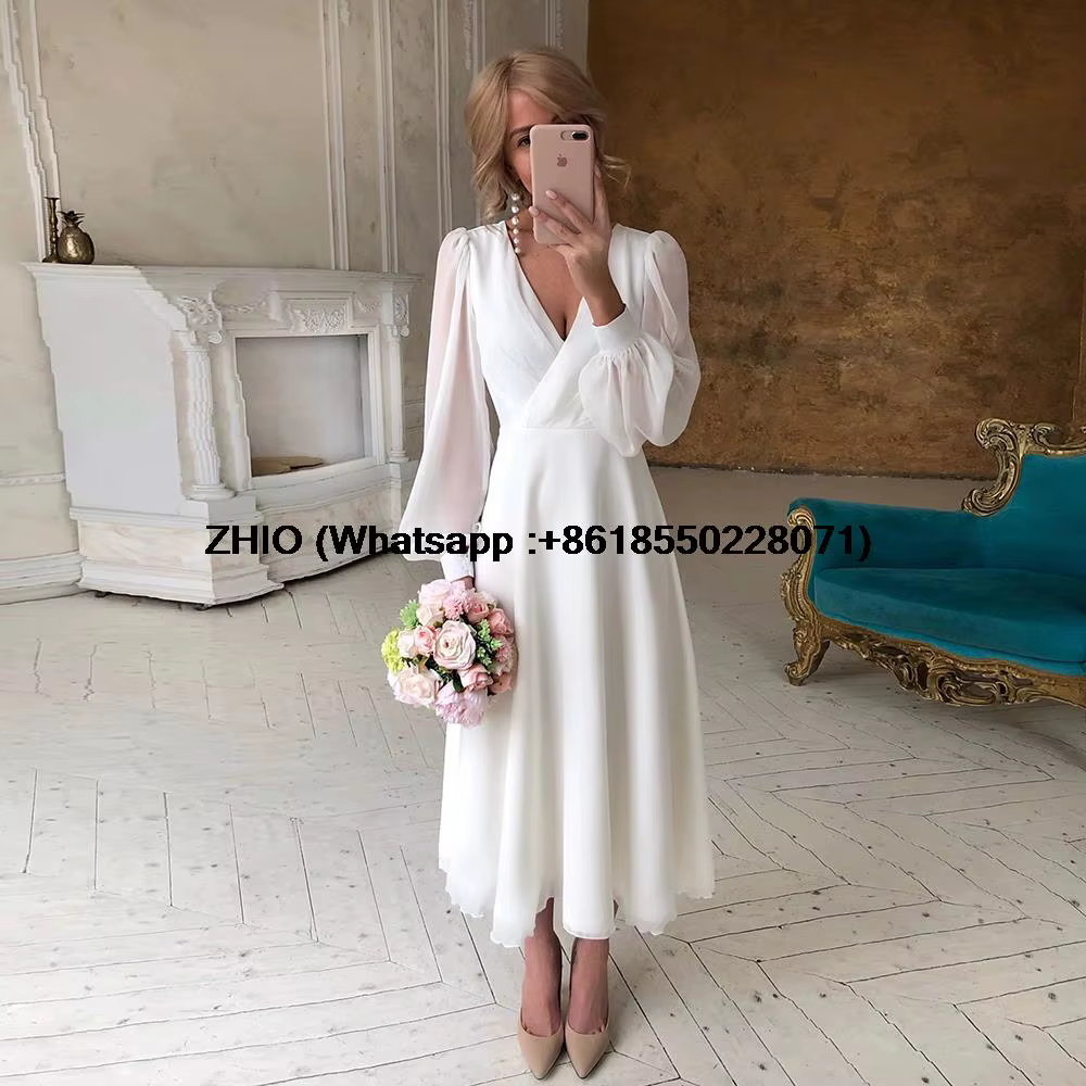 Robes de mariée en mousseline de soie pour femmes, col en v, manches longues, ligne a, robes d'occas