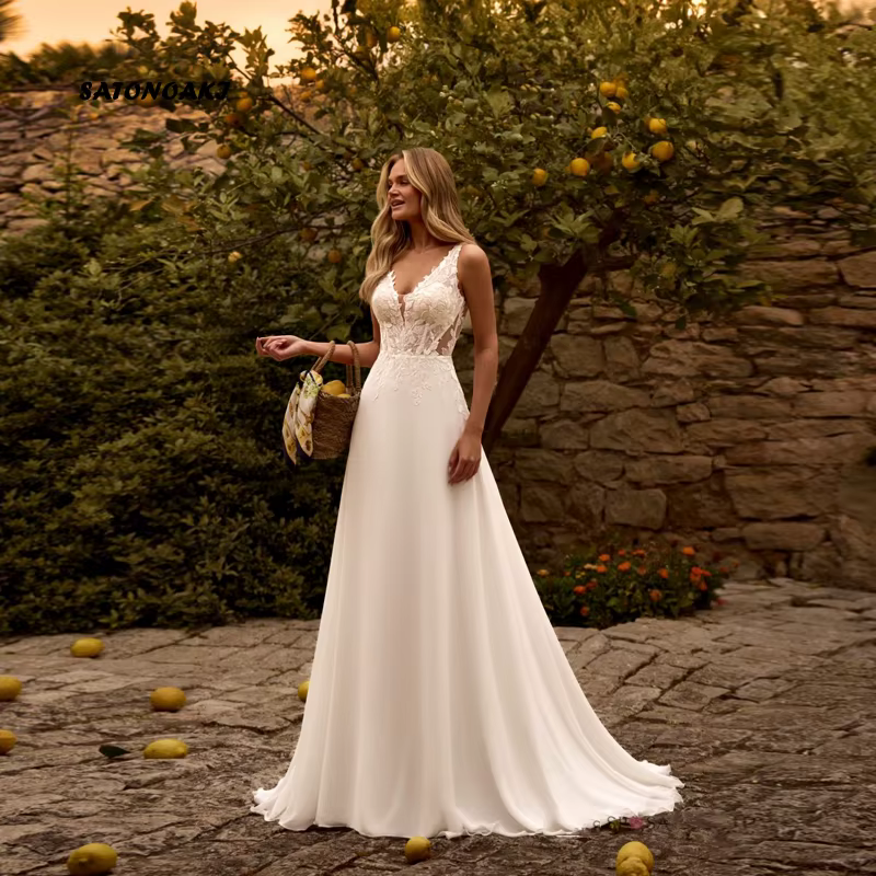 Robe De mariée en mousseline De soie, personnalisée, élégante, Simple, col en v, dentelle, ligne a, 