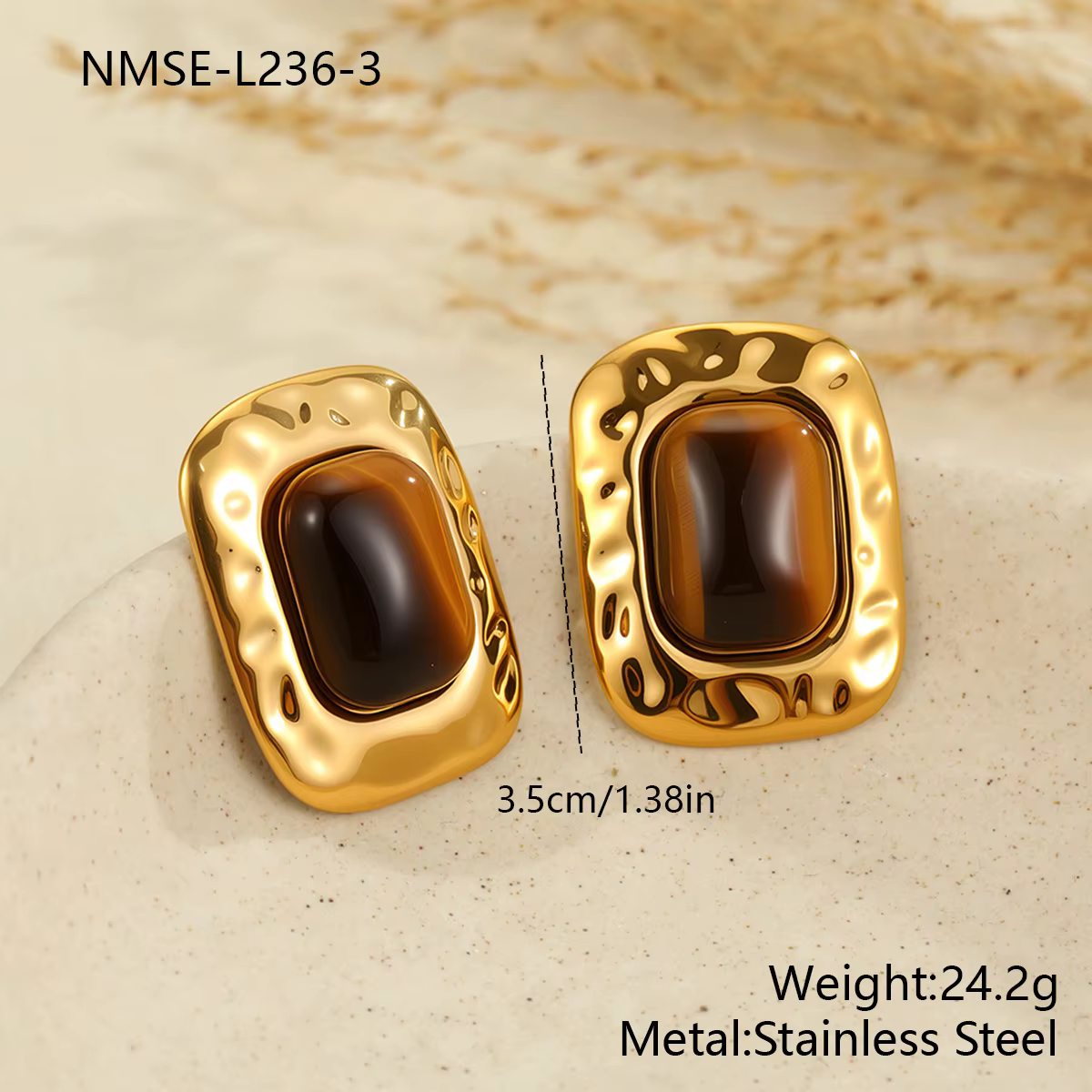 Ars Boucles d'oreilles vintage en pierre d'agate plaqué or 18 carats, boucles d'oreilles carrées en 