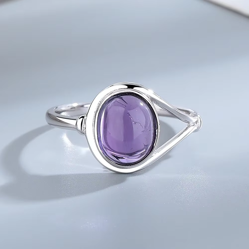 Bague en argent plaqué avec pierre d'améthyste, motif sculpté vintage, pierre ovale violette, bijoux
