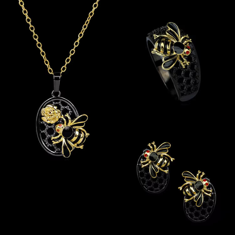 Ensemble de bijoux créatifs noir et or, ensemble de 3 pièces pour dame abeille diamant émail bague c