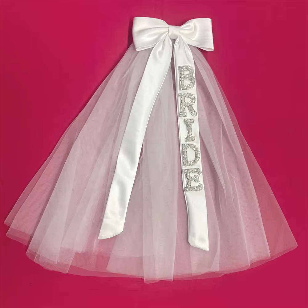 Voile de mariée en perles, voile courbé pour enterrement de vie de jeune fille, avec nœud blanc, en 