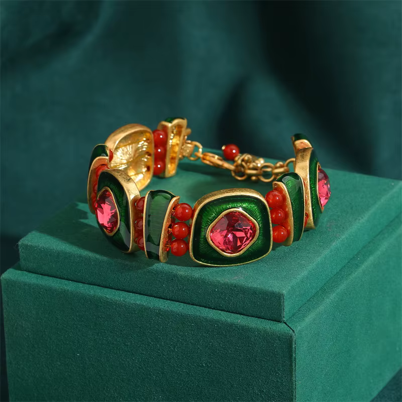 Ensembles de bijoux Vintage pour femmes, boucles d'oreilles en émail vert, collier en cristal rose, 