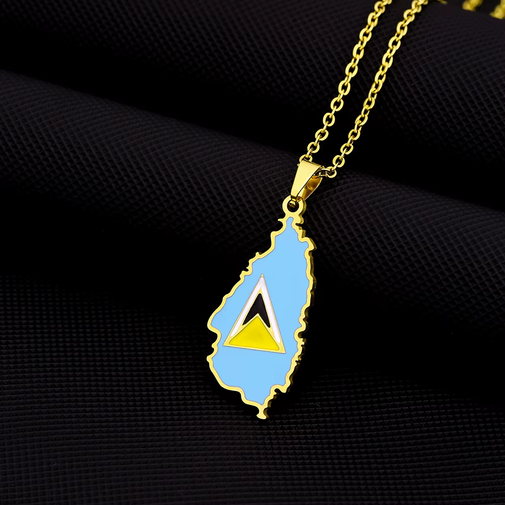 Collier pendentif carte de l'île de Sainte-Lucie, drapeau, en acier inoxydable, pour hommes et femme