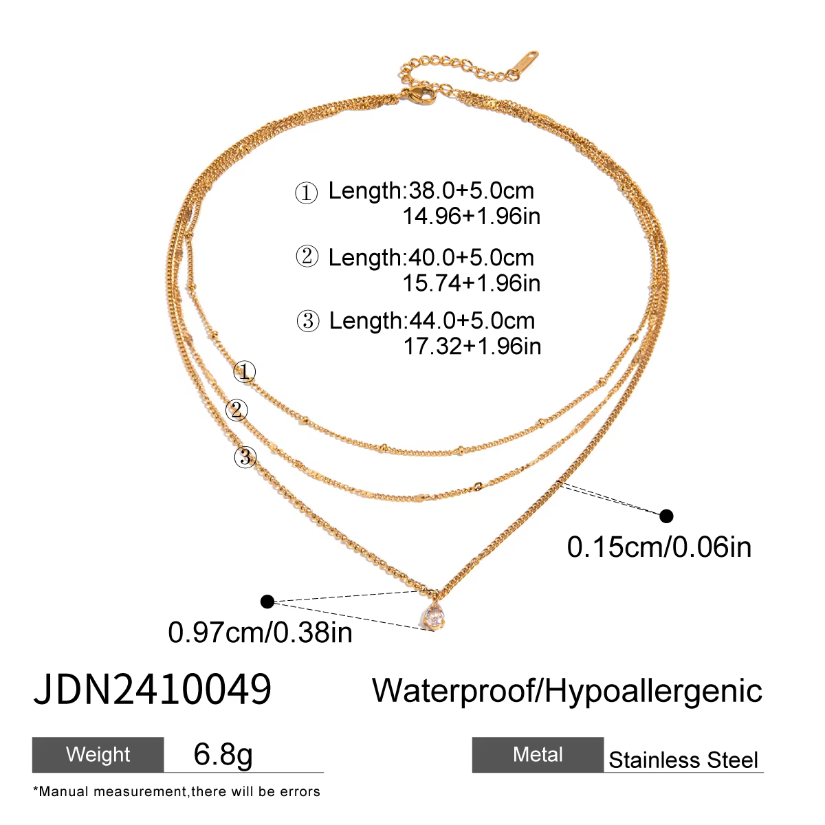 Zora minimalisme collier trois couches pour femme en acier inoxydable plaqué or 18 carats Zircon pen