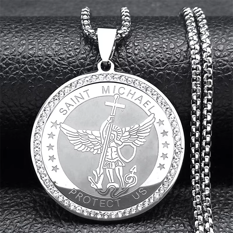 Collier médaillon Saint Michael archange pour femmes et hommes, en acier inoxydable, couleur or, bou