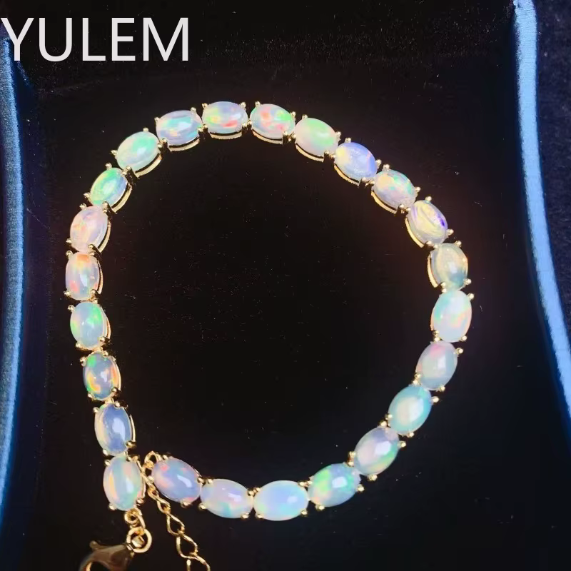 Bracelet opale ovale naturelle coloré pour femmes, 4x6mm, 24 pièces, bijoux en argent véritable 925,