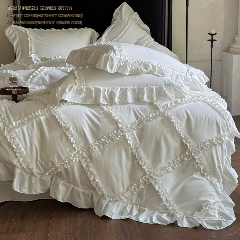 Ensemble de housse de couette à volants blancs et roses 3 pièces (1*Housse de couette + 2*Taies d'or