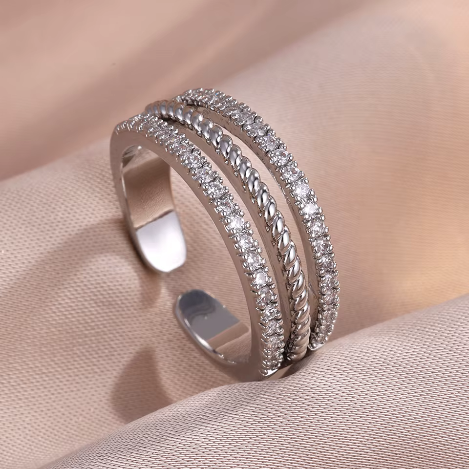 ZAKOL – bague ouverte élégante à 3 couches, luxueuse, avec zircon entièrement pavé, cristal étincela