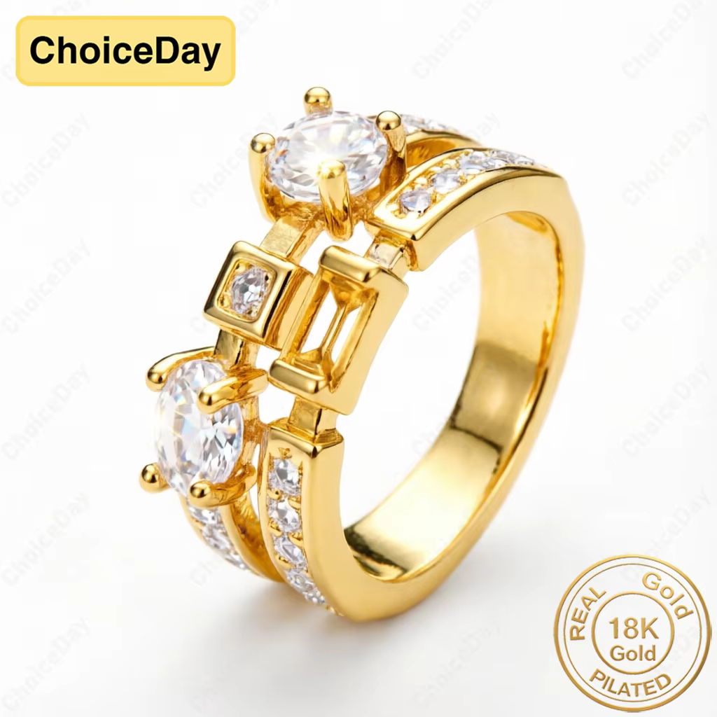 Bague double zirconium plaquée or 18 carats, luxueuse et exquise, pour femme, accessoires de bijoux,