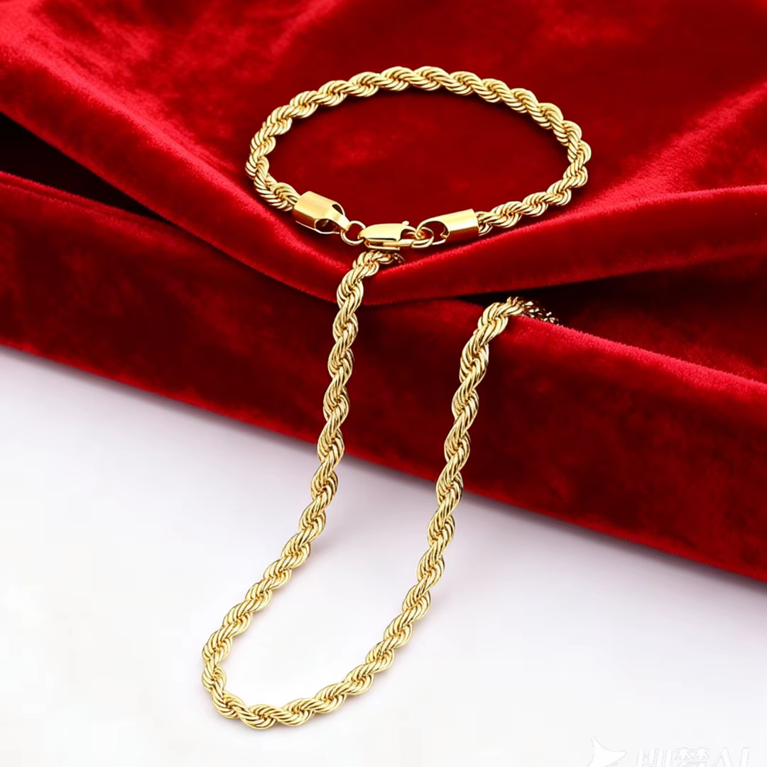 1 ensemble en gros magnifique or 18 carats 4MM corde chaîne collier Bracelets ensemble de bijoux pou