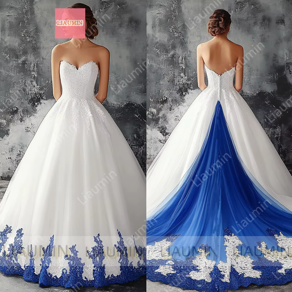 Robe de mariée en Tulle blanc et dentelle bleue, sans bretelles, longueur au sol, dos à lacets, robe
