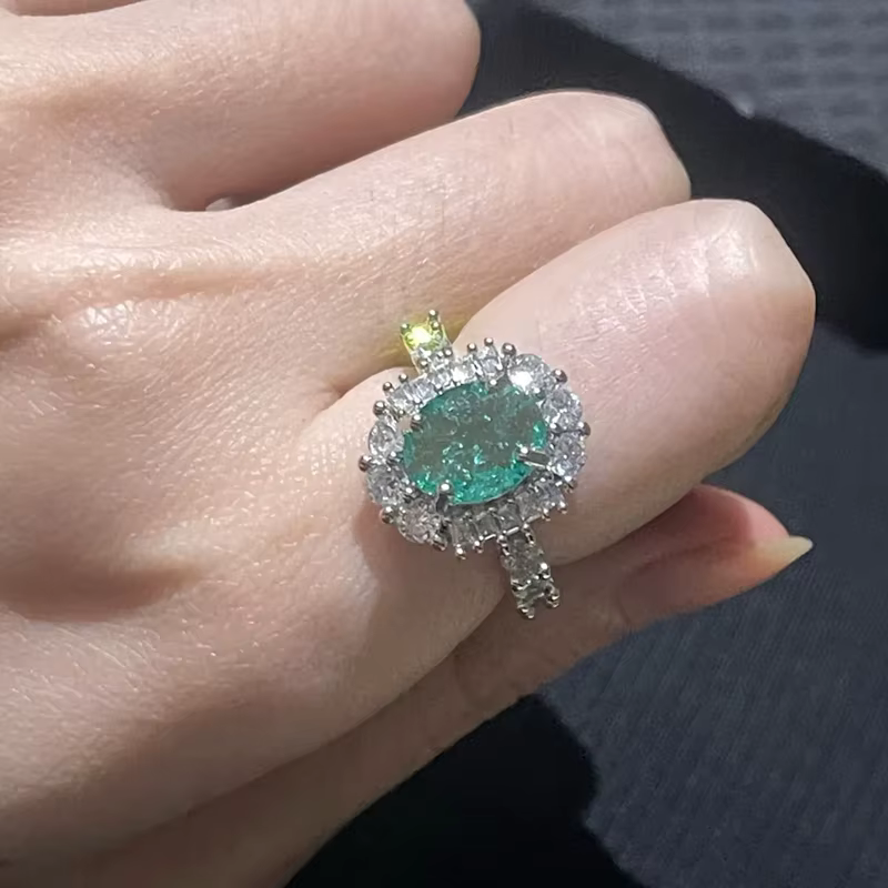 Bague plaquée argent 925 pour femmes, Paraiba vert à haute teneur en carbone, diamant, Double crista