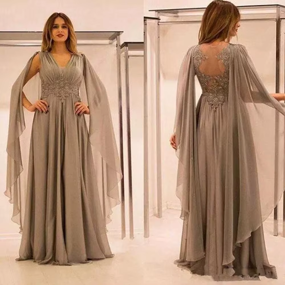 Robes de mère de la mariée en mousseline de soie, grande taille, coupe trapèze, col en v, appliques 