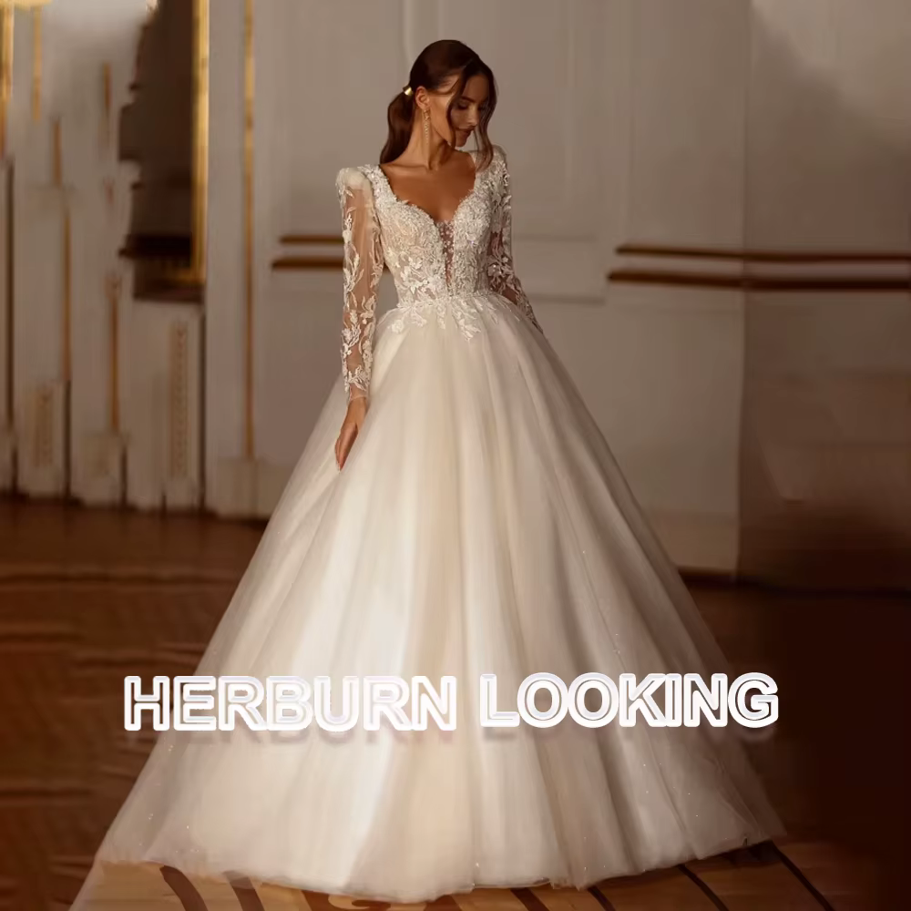 Robes de mariée élégantes HERBURN, style A, pour femmes, appliques, illusion, corset, ceinture, robe