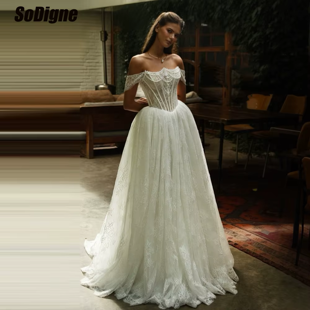    SoDigne a-ligne épaules dénudées dentelle robes de mariée sans manches robe de mariée Boho longu