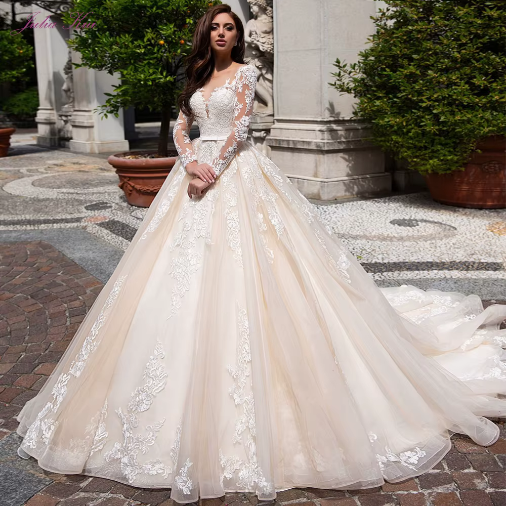 Julia Kui-Robe de Mariée Vintage à Manches sulf, Tenue de Bal avec Traîne Courte et Encolure Scoop p