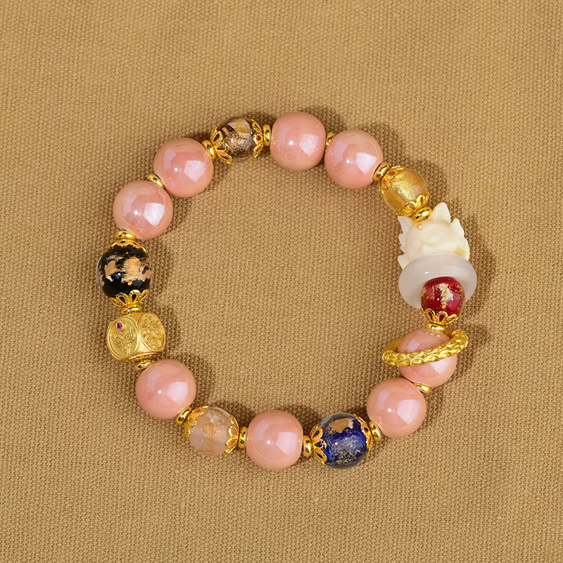 Bracelet à fil unique en porcelaine de cendres d'encens rose, feuille d'or, avec anneau de course en