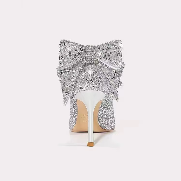 Chaussures de Mariage Françaises Argentées à Talons Hauts pour Femme, Escarpins Habnommée à Paillett
