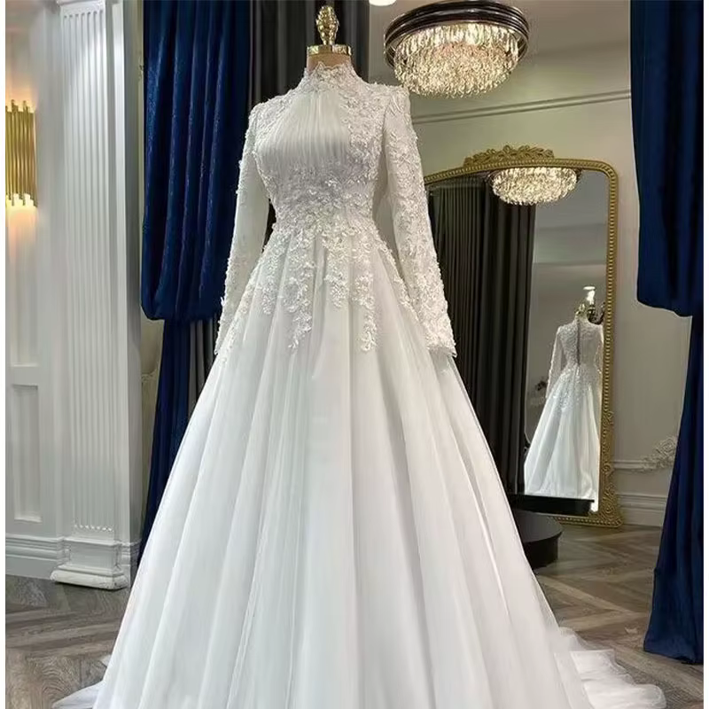 Robe de mariée à manches longues personnalisée, robe de soirée, jupe trapèze, col haut, dos nu, sexy
