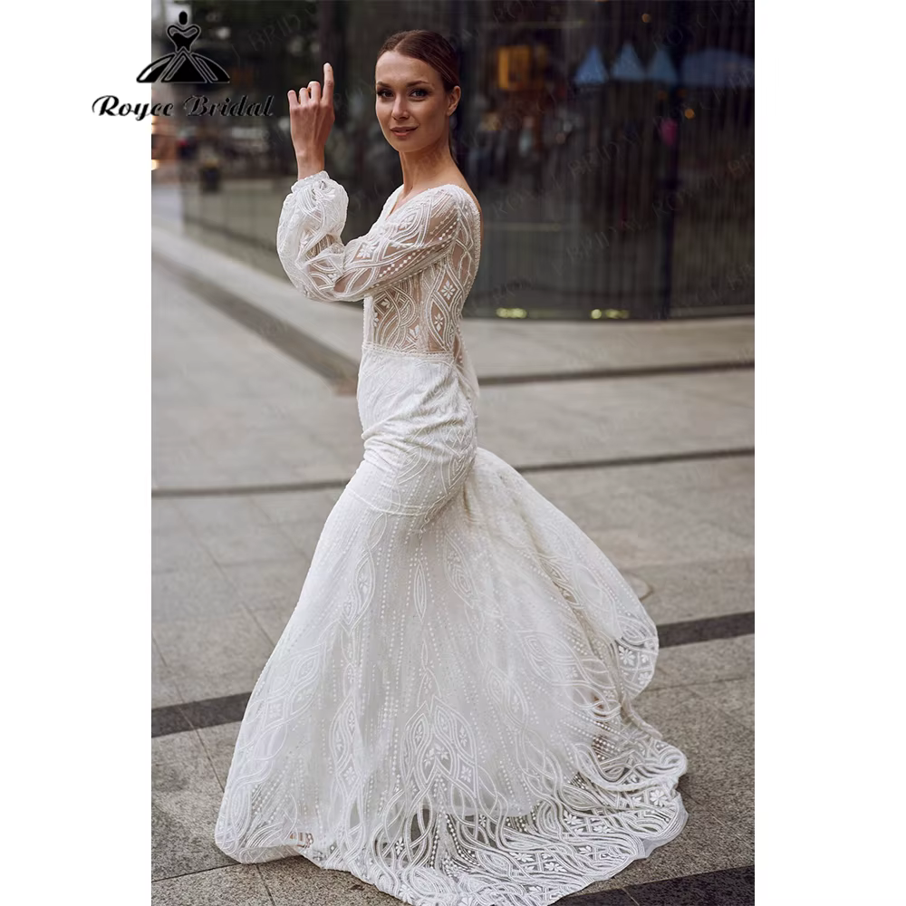 Robe de mariée sirène en dentelle à manches longues bouffantes Roycebridal avec traîne chapelle, rob
