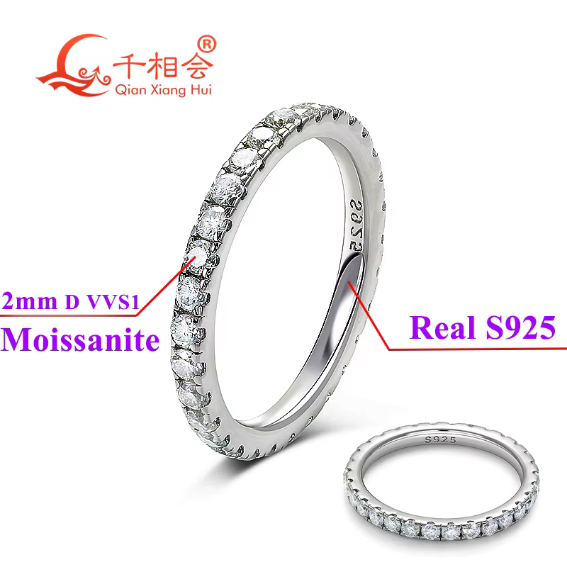 Bague de mariage en argent sterling 925 avec moissanite blanche ronde solide de 2 mm et 3 mm, sertie