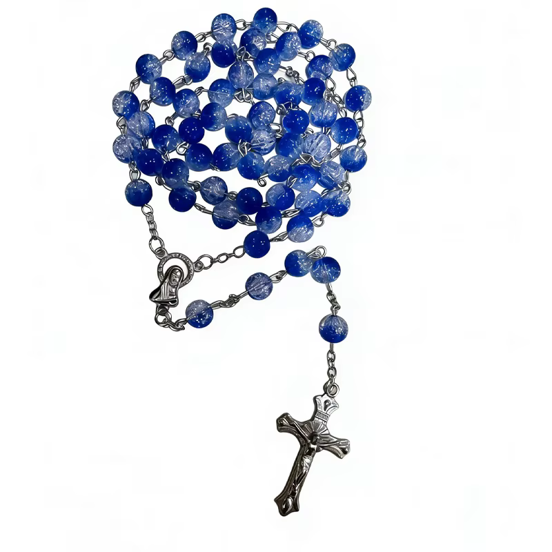 Collier de prière catholique de 8 m, perles en verre craquelé, pendentif croix, bijoux religieux chr