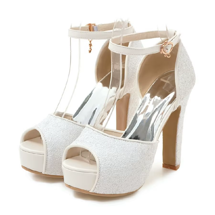 Sandales à plateforme blanches pour femmes, chaussures d'été à talons hauts et épais, en tissu paill