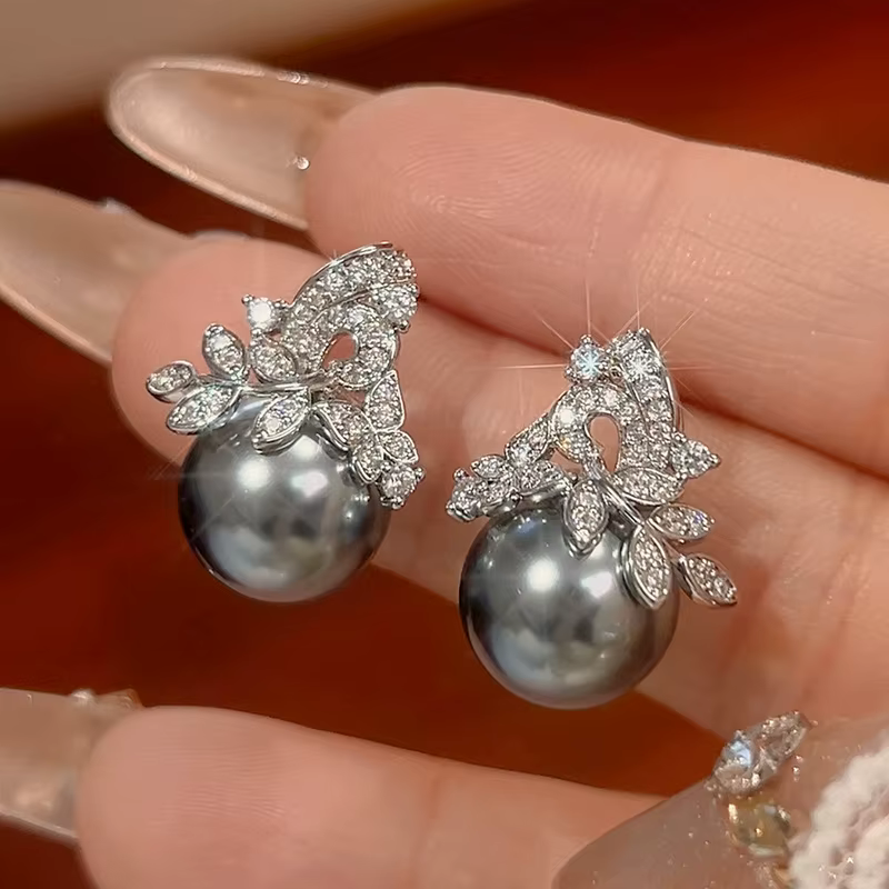 Bijoux élégants en perles grises, collier et boucles d'oreilles au Design de feuilles avec Zircon CZ