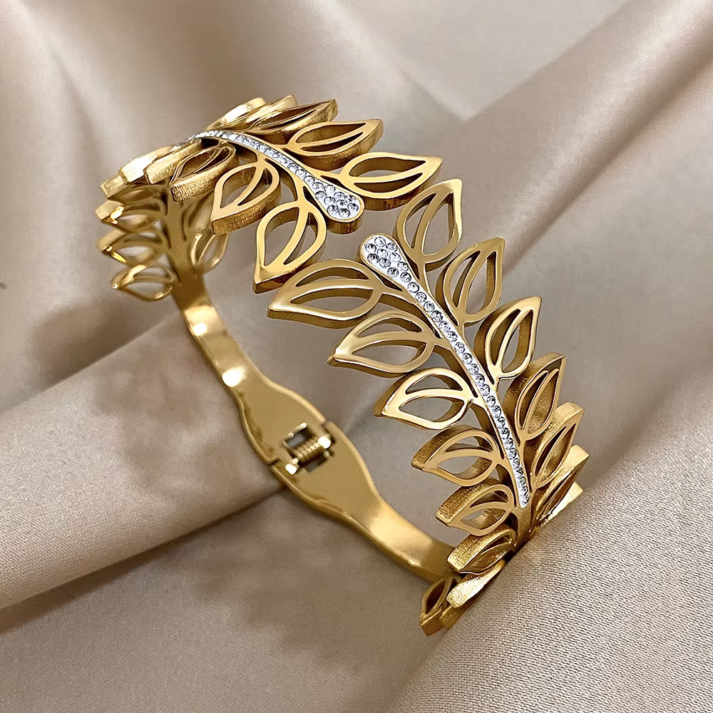 Bracelet en acier inoxydable pour femmes, feuilles de strass exagérées, élégant, couleur or argent, 