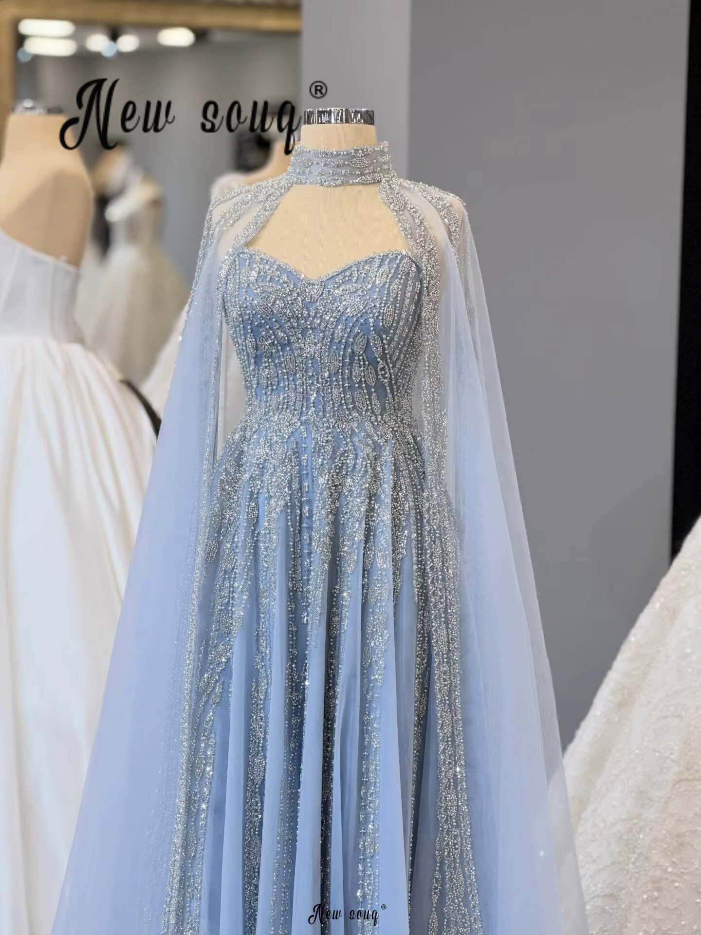 Robe de soirée bleu ciel en deux pièces avec manches longues et cape, robe de cérémonie pour femmes,
