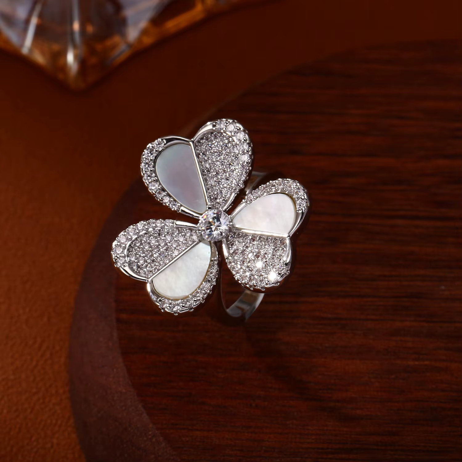 Bague Statement en Or Plaqué avec Trèfle à Quatre Feuilles et Nacre CZ pour Femme, Bague Ouverte Fle