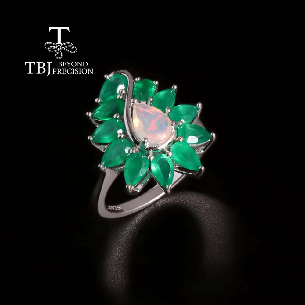 Bague en argent 925 avec agate verte naturelle précieuse et opale, bijoux fins pour femmes, cadeau d