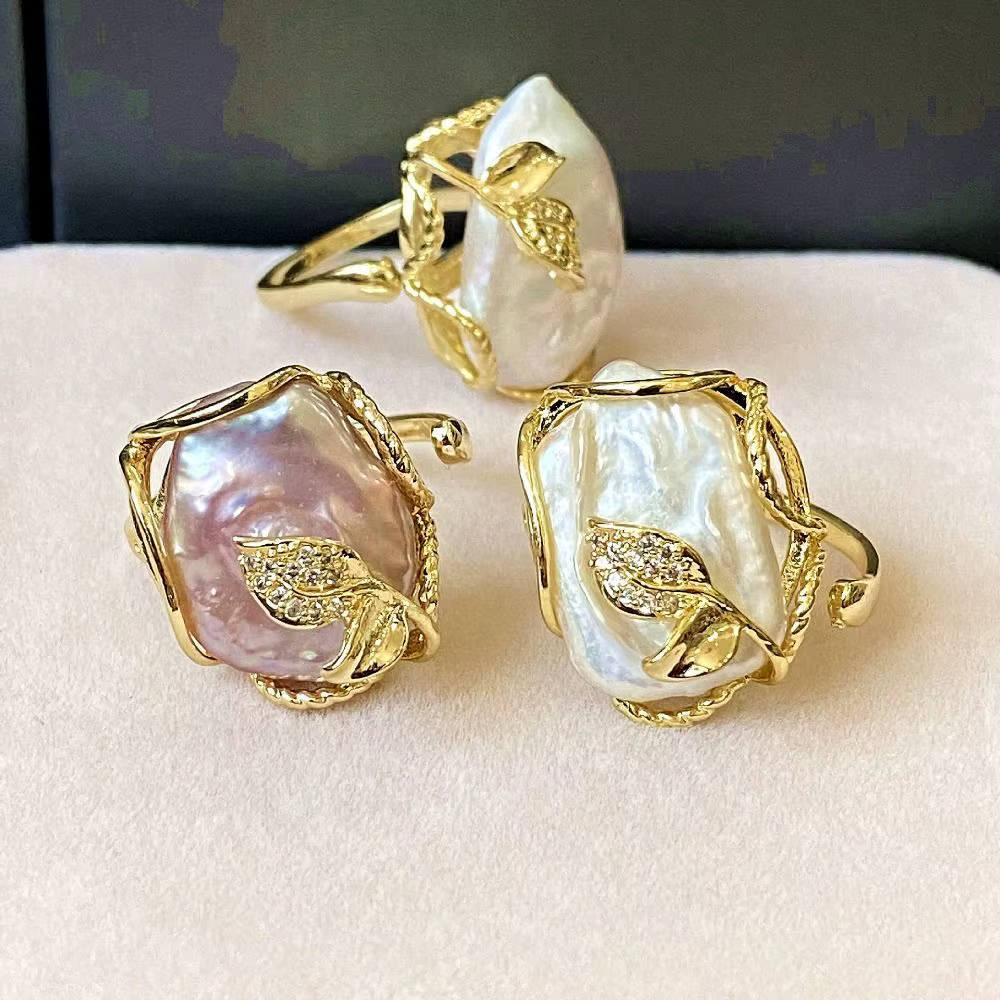 Bague d'ouverture de perle baroque créative, strass dorés, perle irrégulière, exagérée, réglable, pe