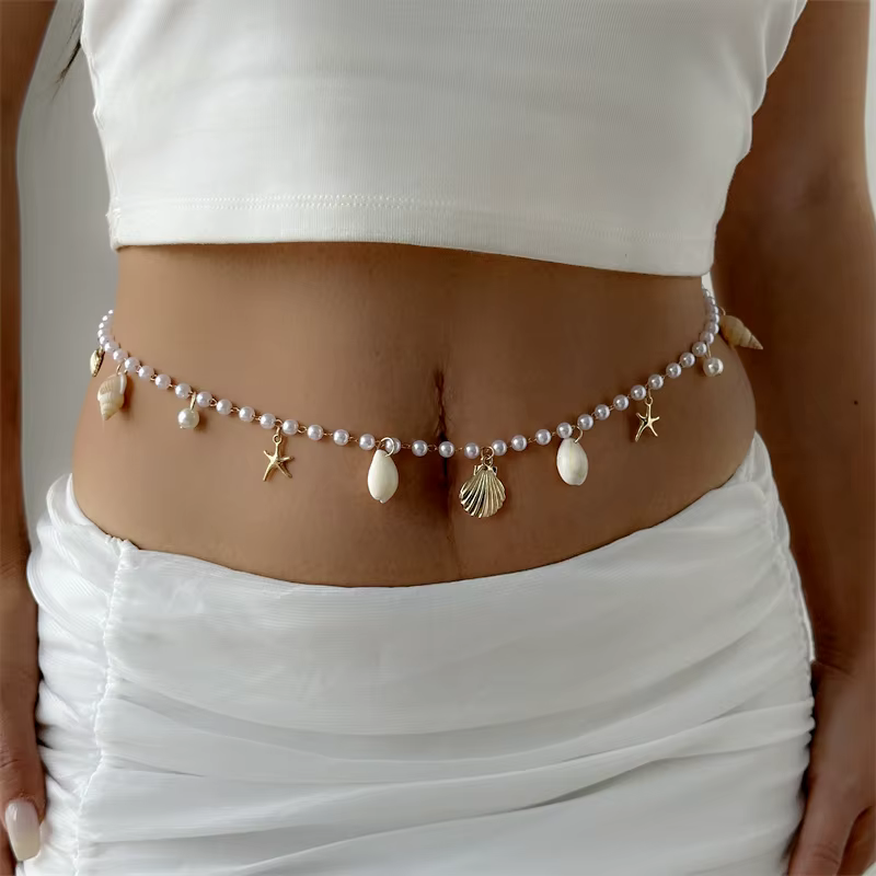 Chaîne de ventre en perles pour femme, couleur or, avec pendentif étoile de mer et coquillage, bijou