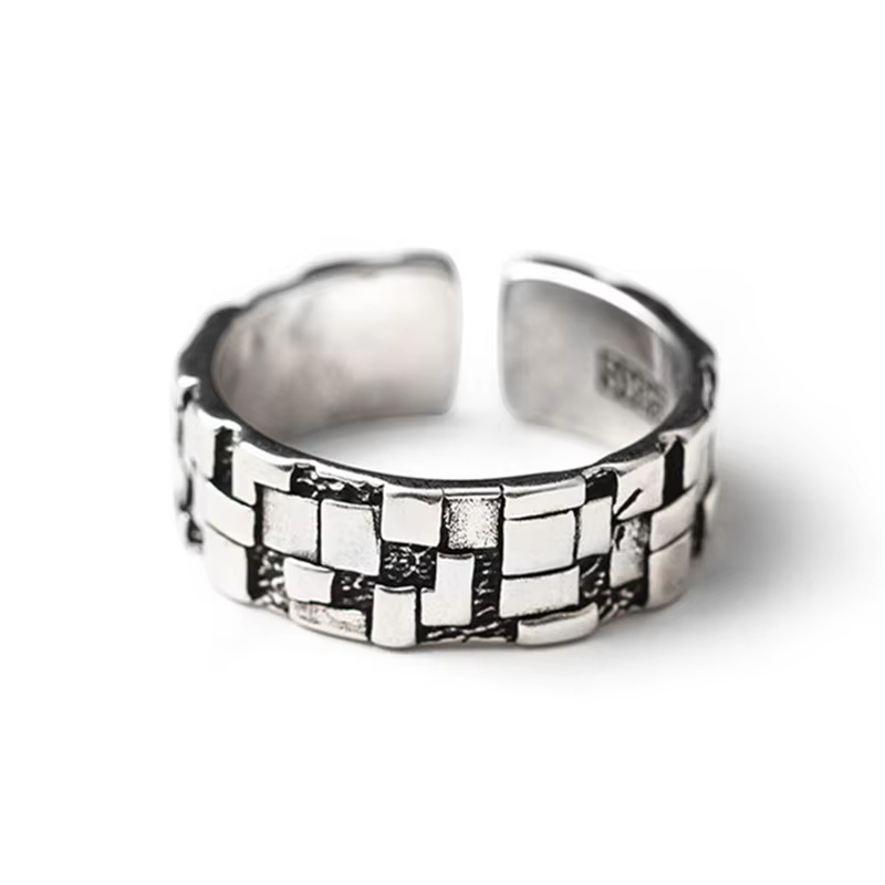 Bague à motif de bloc géométrique pour hommes, bijoux de taille ouverte, tendance, en argent Sterlin