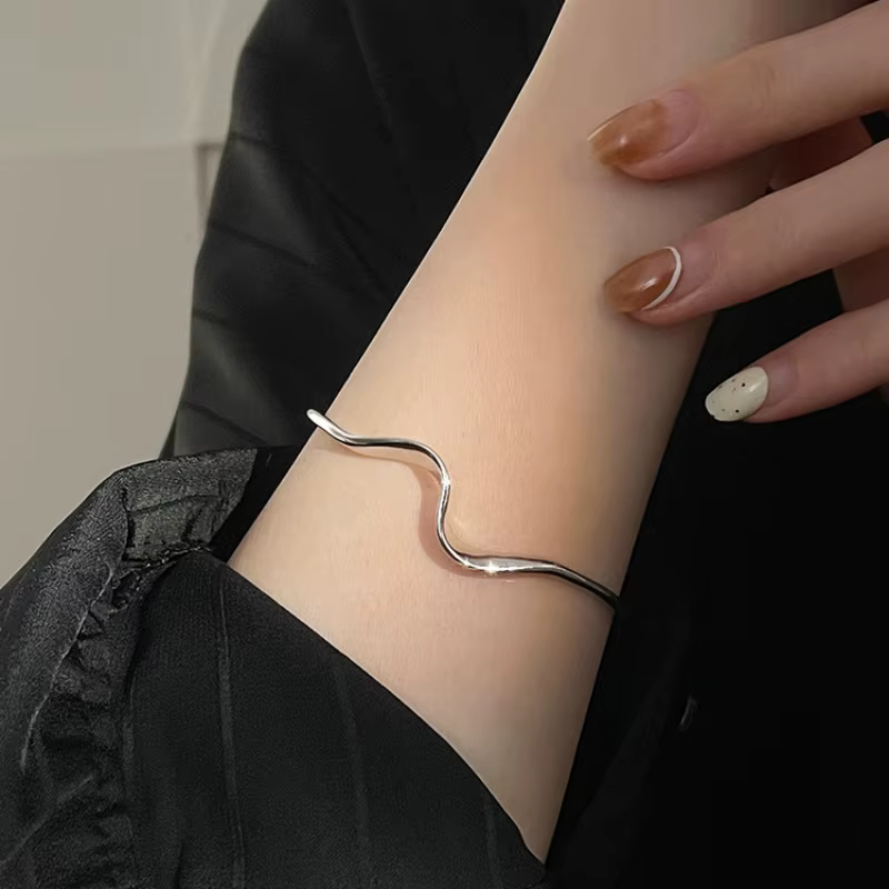 Bracelet punk en argent regardé 925 pour femme, ligne ondulée, géométrique, simple, mode fille, bijo