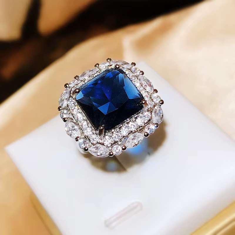 Bague d'ouverture en diamant carré princesse pour femme, bague de fiançailles en saphir tanzanite, a