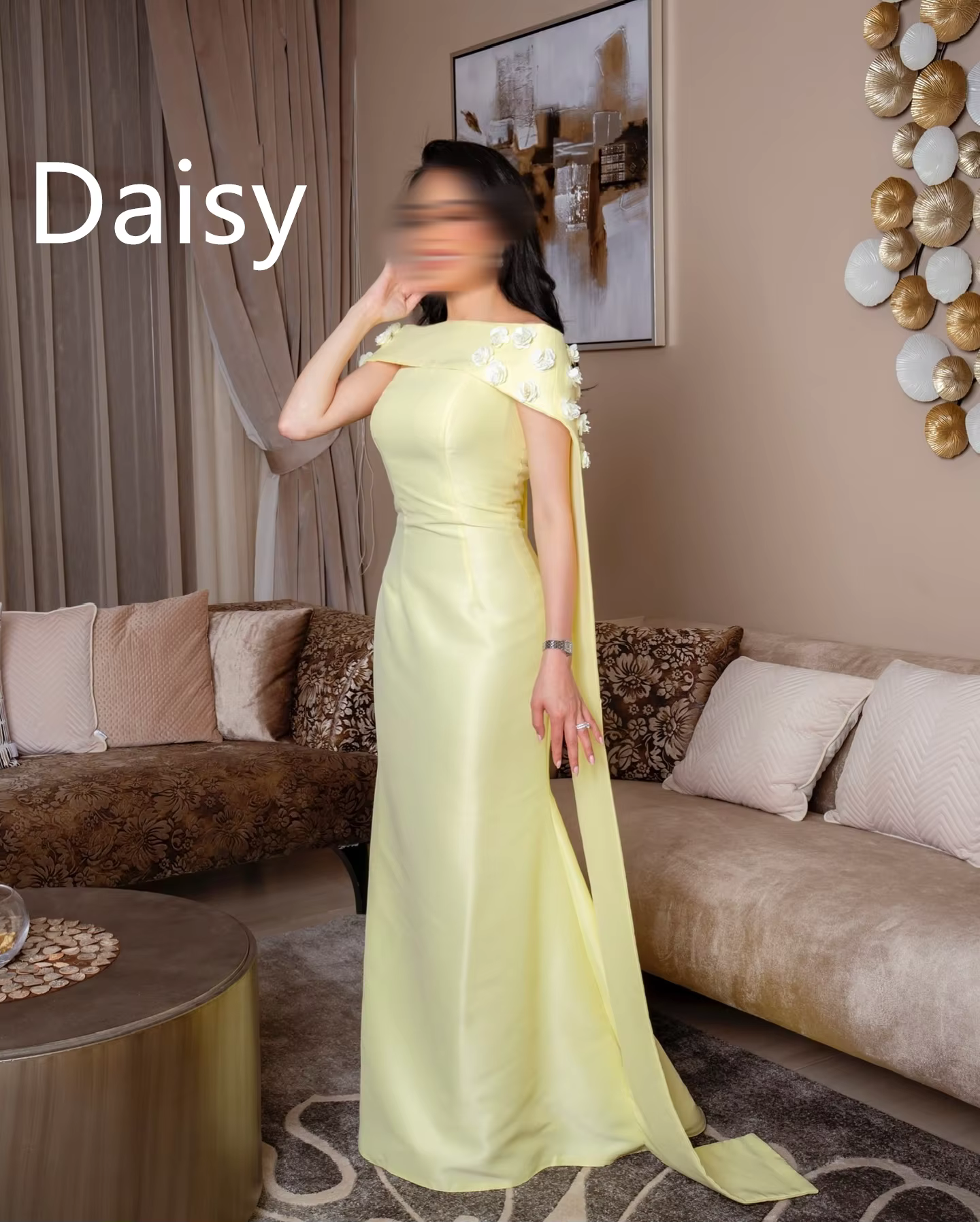 Robe de soirée fourreau longue pour fête de mariage, sur mesure, fleurs jaunes, sans bretelles, châl