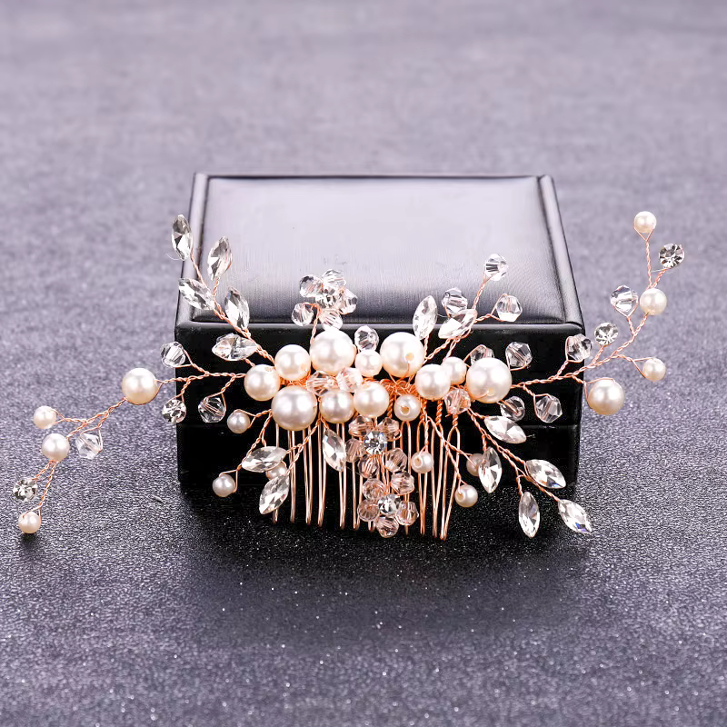 Peigne à cheveux en perles de cristal pour document en or rose, épingle à cheveux fleur, bande de sa