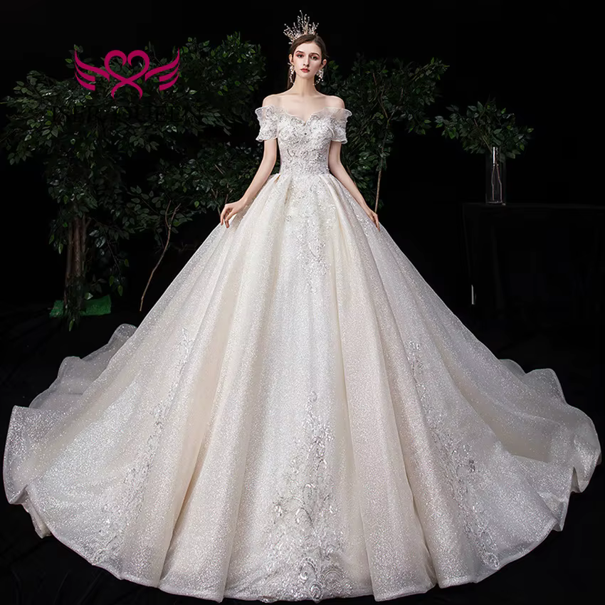 Robe de mariée de campagne personnalisée, épaules dénudées, robe de bal en Tulle brillant avec des A