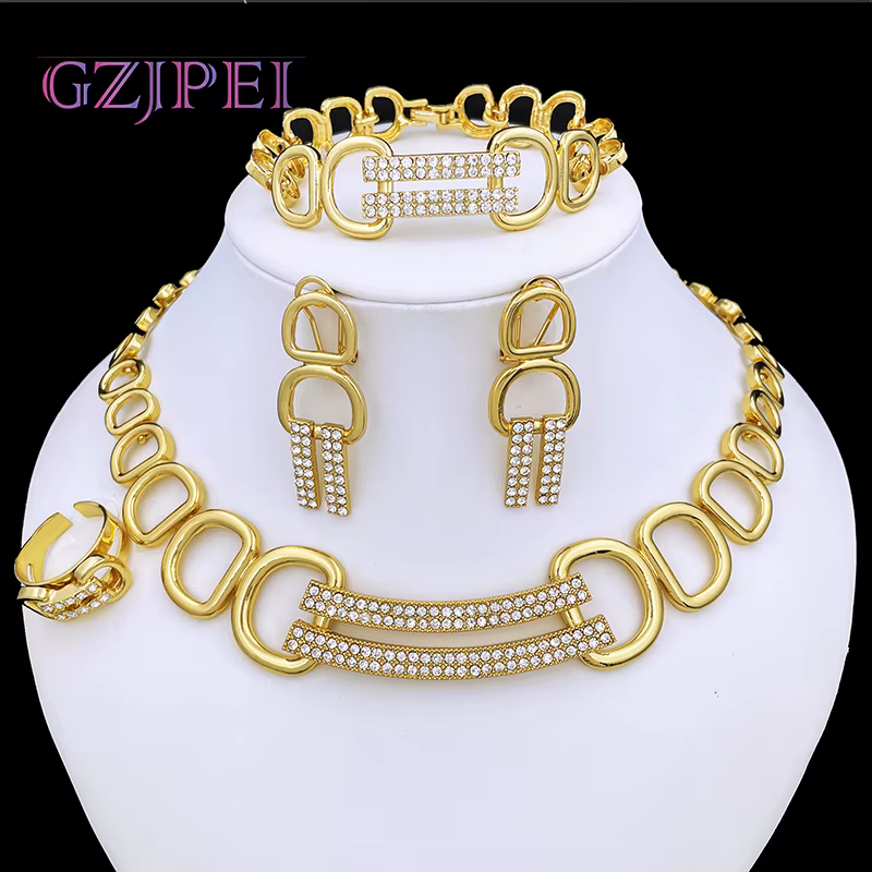 Ensembles de bijoux de Dubaï pour femmes, plaqué or 18 carats, collier, boucles d'oreilles, bracelet