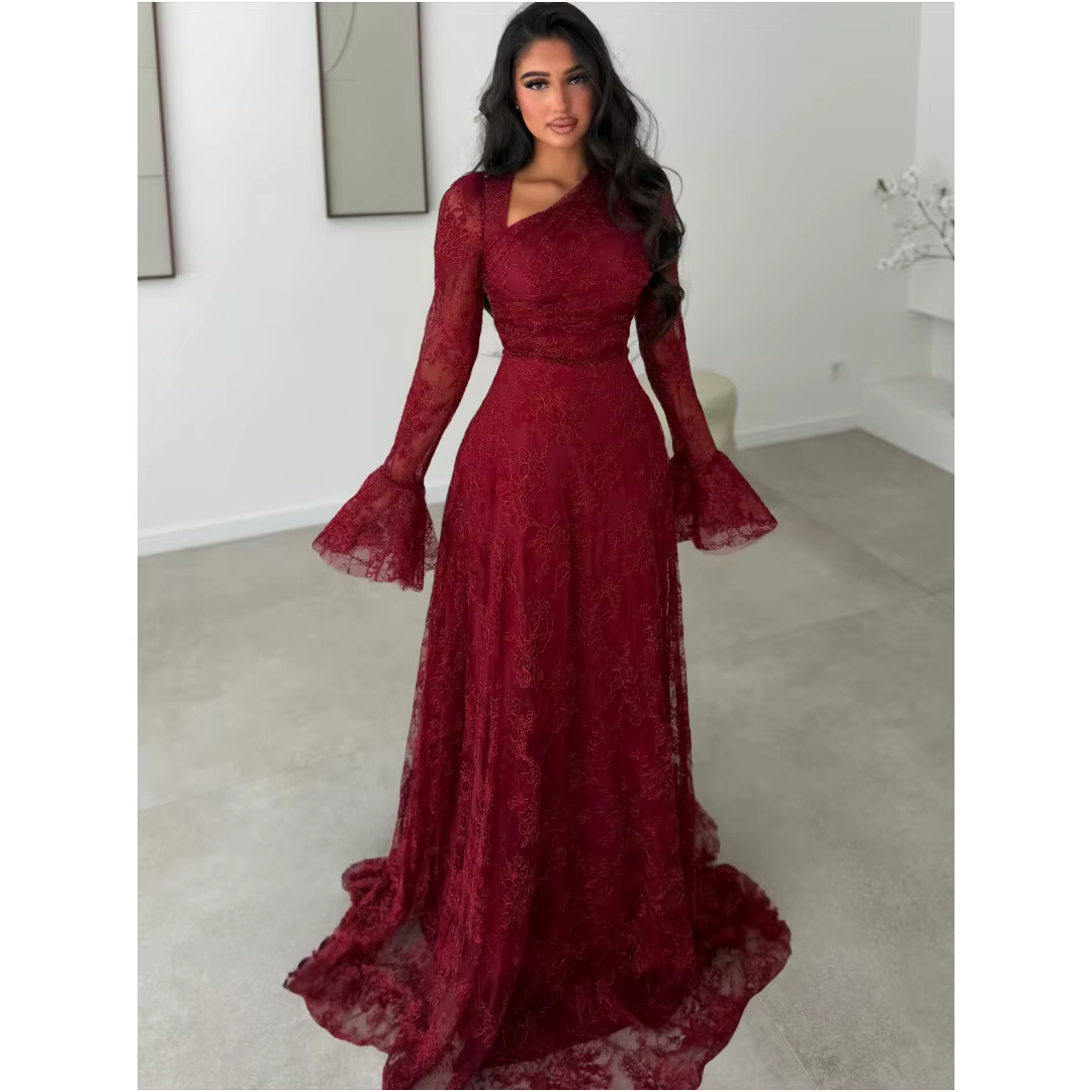 Robes de soirée en dentelle rouge, manches longues, robe de bal, ligne A, longueur au sol, robe de s