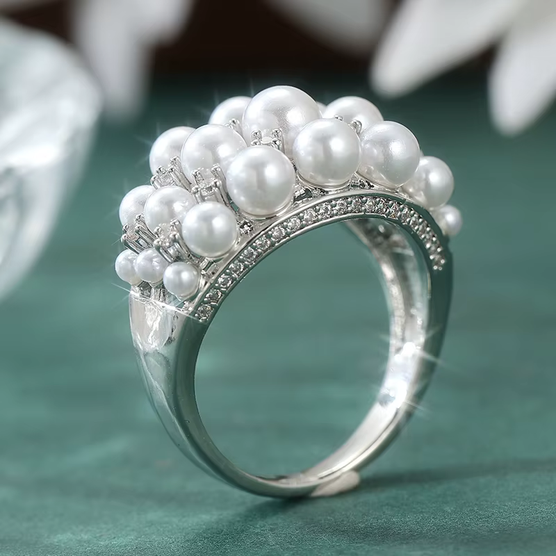 Bague élégante de luxe incrustée de perles d'imitation plaquées argent, accessoires de bijoux de mar