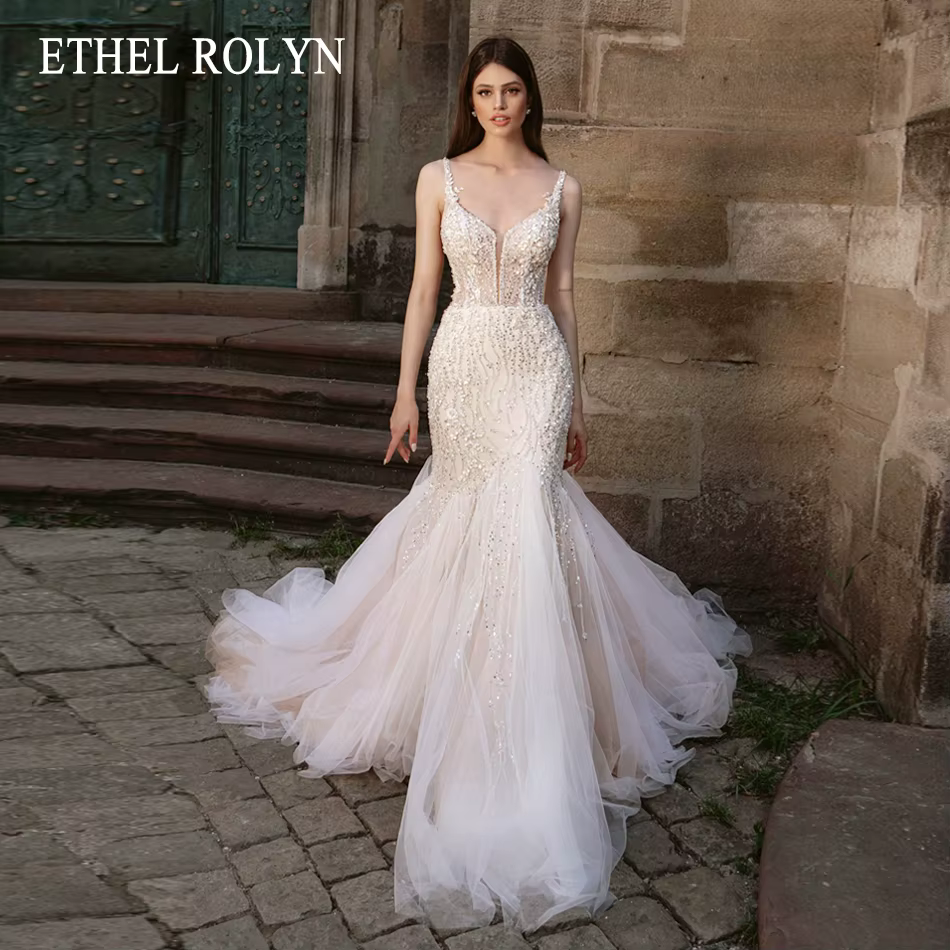 ETHEL ROLYN luxe sirène robe De mariée pour les femmes Sexy chic chérie perles cristal bouton robe D
