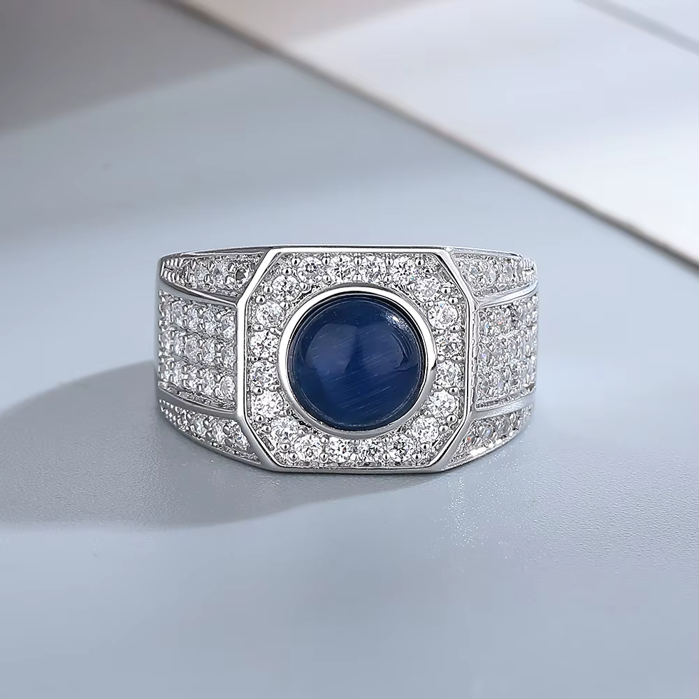 Bague en argent 925 pour homme, bijoux de forme géométrique, saphir, matiques de cyanite, accessoire